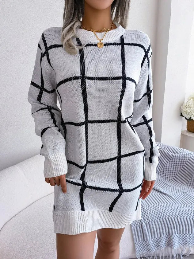 Women Plaid Crew Neck Long Sleeve Comfy Casual Midi Sweater Dress