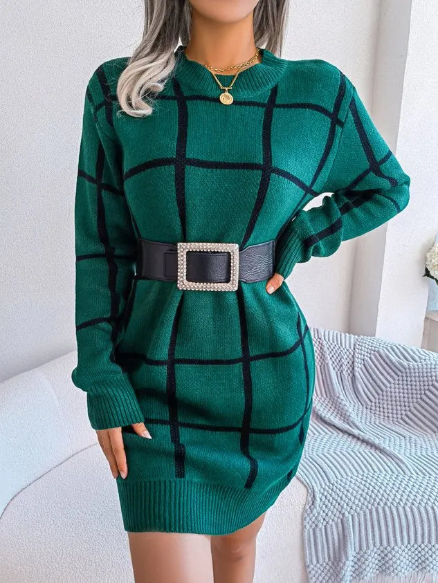 Women Plaid Crew Neck Long Sleeve Comfy Casual Midi Sweater Dress