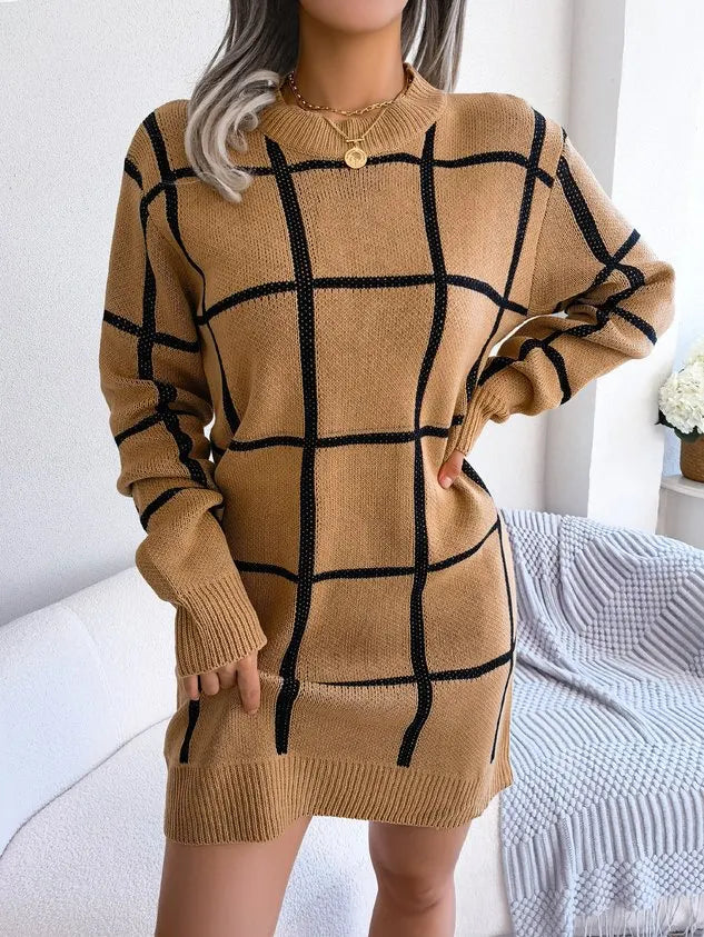 Women Plaid Crew Neck Long Sleeve Comfy Casual Midi Sweater Dress