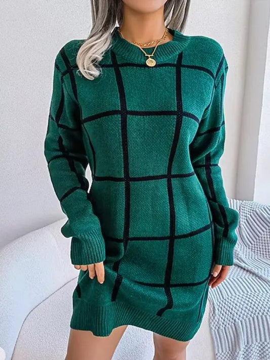Women Plaid Crew Neck Long Sleeve Comfy Casual Midi Sweater Dress