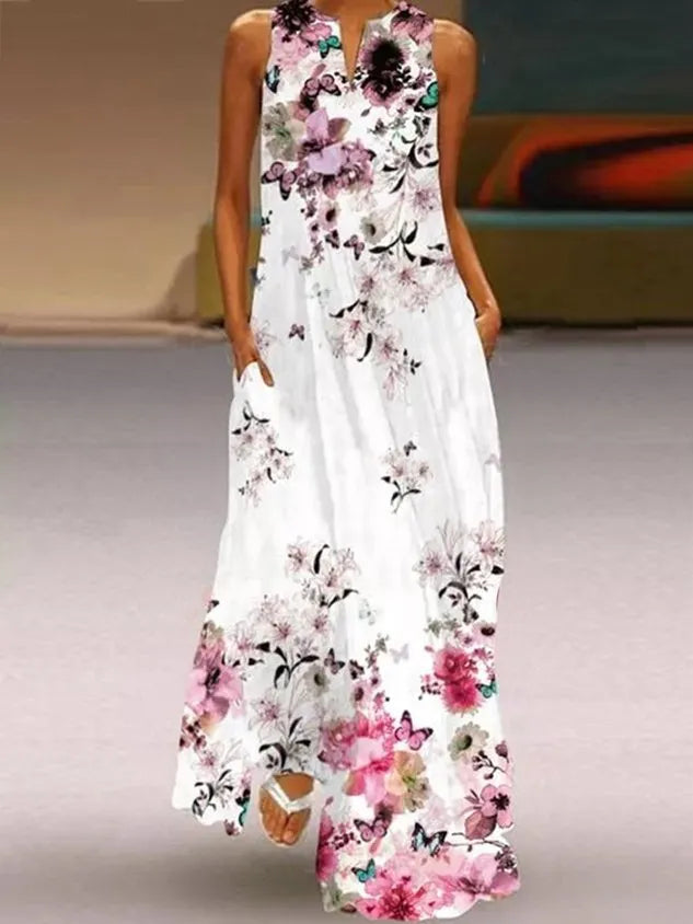 Basic Floral V Neck Floral-Print Dress