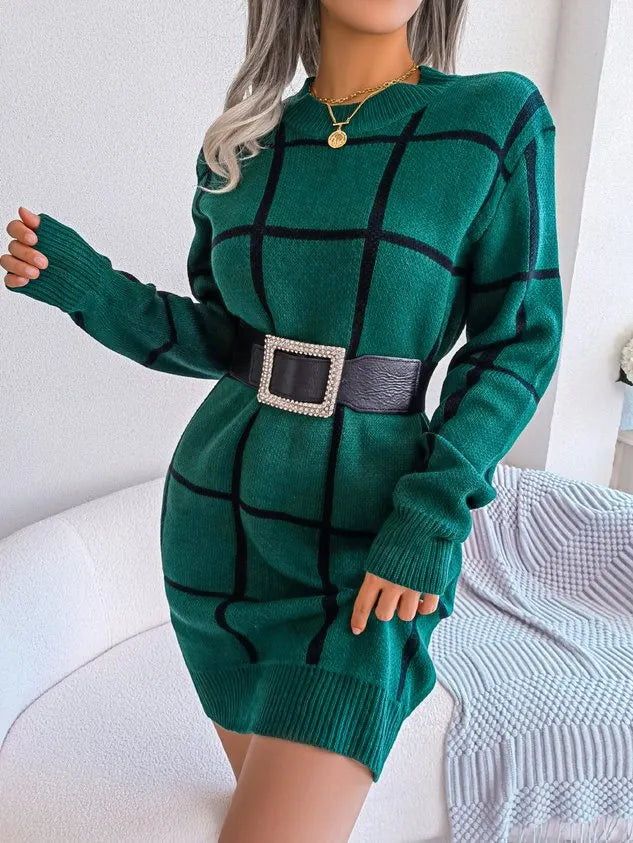 Women Plaid Crew Neck Long Sleeve Comfy Casual Midi Sweater Dress